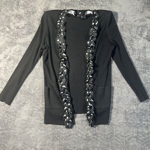 Misook Black Ruffle Trim Cardigan S Dressy Formal Pockets Structure Designer